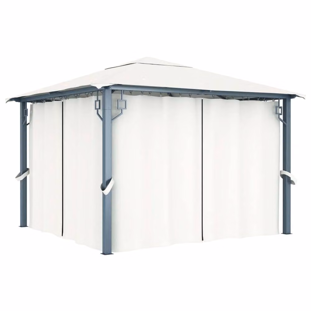 Berkfield Home Hip Gazebo with Curtains and LED String Lights, Beige Aluminium and Steel, W/D/H: 300 x 300 x 300 cm