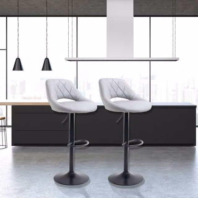 Set of Two Neo Faux Leather Barstools with Matt Black Metal Legs, Grey