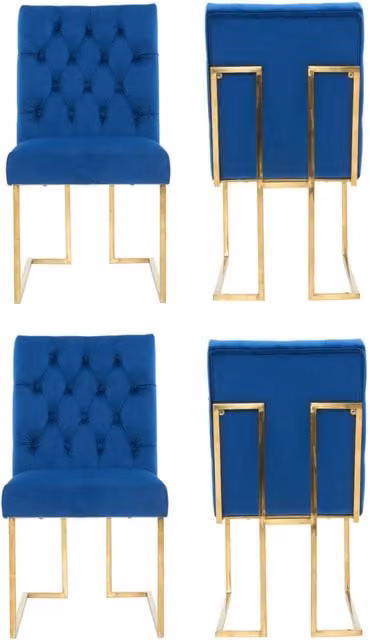 Life Interiors Set of 4 Siena Luxury Tufted Velvet Dining Chairs with Gold Frame in Blue