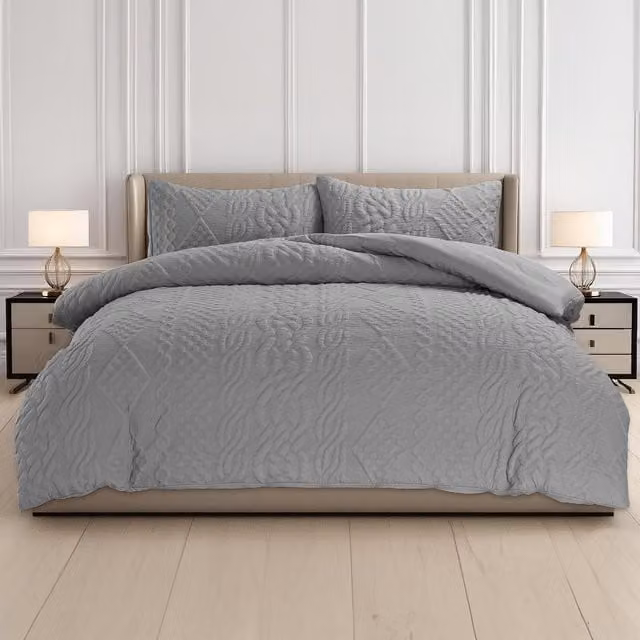 Velosso Grey 3D Embossed Chunky Knit Pattern Duvet Set and Pillowcase, W: 200 cm x H: 200 cm