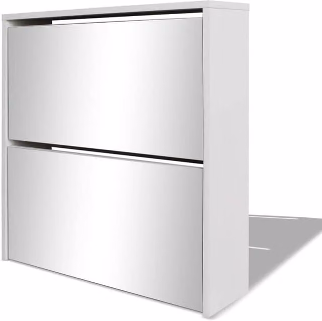 Berkfield Home Glossy White 2-Layer Shoe Cabinet with Mirror and Tilting Compartments W/D/H: 63 x 17 x 67 cm