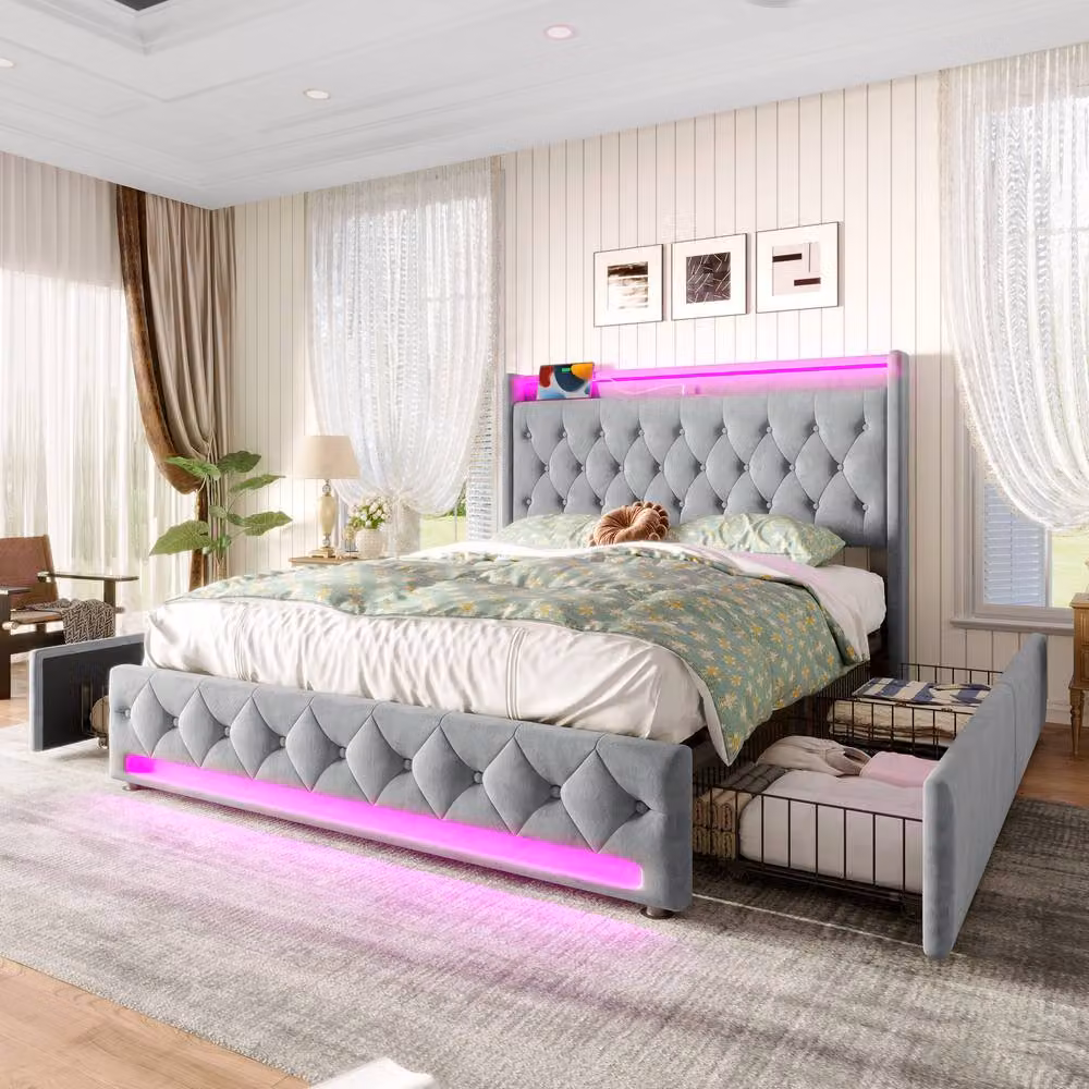 BTM Grey Velvet Upholstered Bed with 4 Drawers, USB Charging Port and LED Under-Bed Lighting, W/D/H: 140 x 190 x 45.5 cm – 2