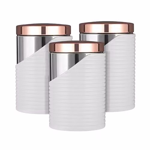 Tower Linear Set of 3 Geometric Airtight Canisters with Polished Stainless Steel Lids, White and Gold, W/D/H: 11.6 x 11.6 x 17 cm – 1