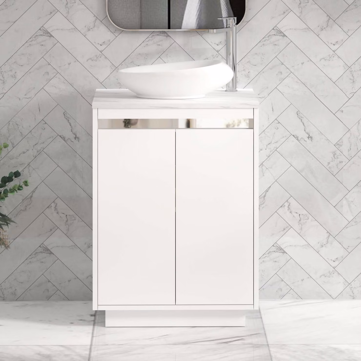 Royal Bathrooms Orion 600mm Matt White Floor Standing 2 Door Vanity Unit with Nova Basin and Chrome Accent Trim