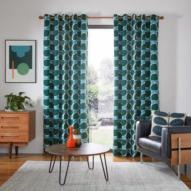 Orla Kiely Block Stem Ready Made Eyelet Curtains in Green, Blue and Silver