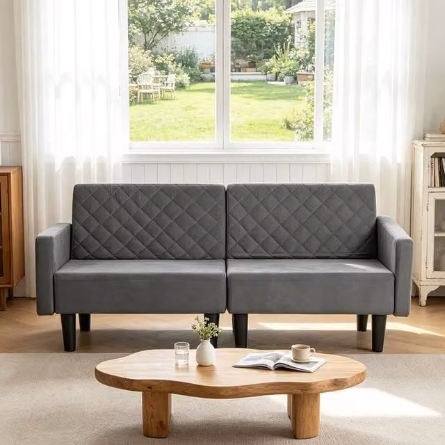 EONLION 2-3 Seater Convertible Folding Futon Sofa Bed in Grey Velvet Fabric, King Size, W/D/H: 180 x 200 cm