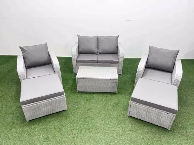 Fimous 6 Seater Grey PE Wicker Rattan Garden Furniture Set with Upholstered Cushions, Reclining Chairs, Coffee Table and 2 Ottomans