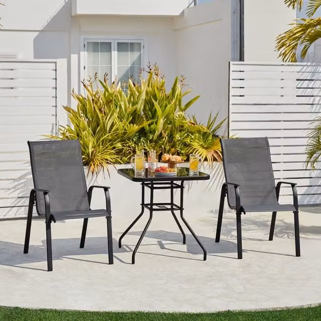 Yaheetech Set of 3 Modern Stackable Outdoor Dining Chairs with Armrests in Grey Textilene and Metal