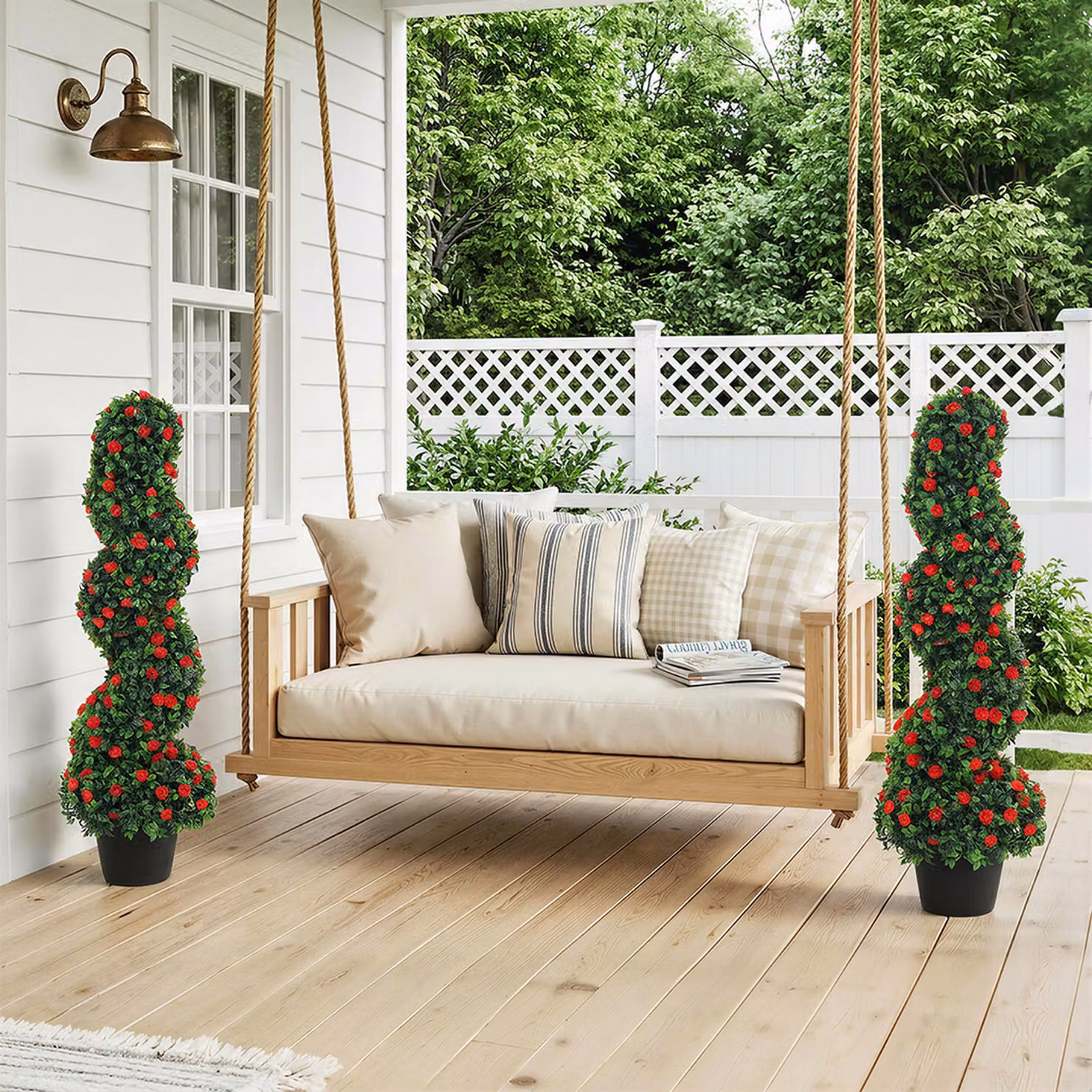 HOMCOM Set of 2 Red Artificial Rose Spiral Topiary Trees, Height: 90 cm – 8