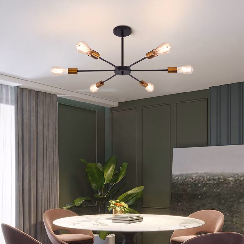 NIVOR 6-Light Sputnik Industrial Mid-Century Flush Mount Ceiling Chandelier in Black and Gold/Brass – 3