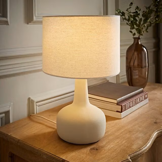 Hayley Squat Base Ceramic Table Lamp with Linen Drum Shade and LED Bulb in Beige