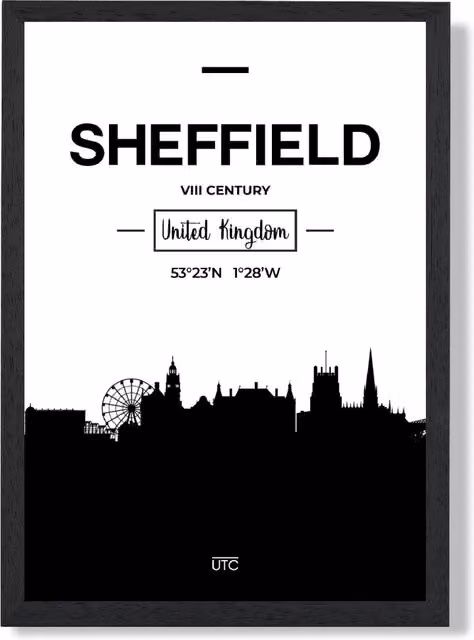 ARTZE Sheffield Black and White City Skyline Framed Print, A4, Black Frame