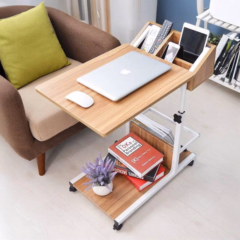 FLAVORA Adjustable Oak Wood Mobile Overbed Table in Brown – 3