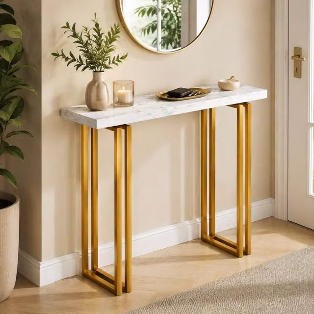 STILVORA Modern Console Table with White Marble-Effect Top and Gold Frame
