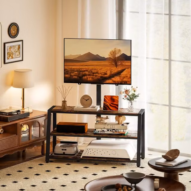 HOMCOM Industrial TV Stand with Swivel Bracket and Open Shelves in Rustic Brown
