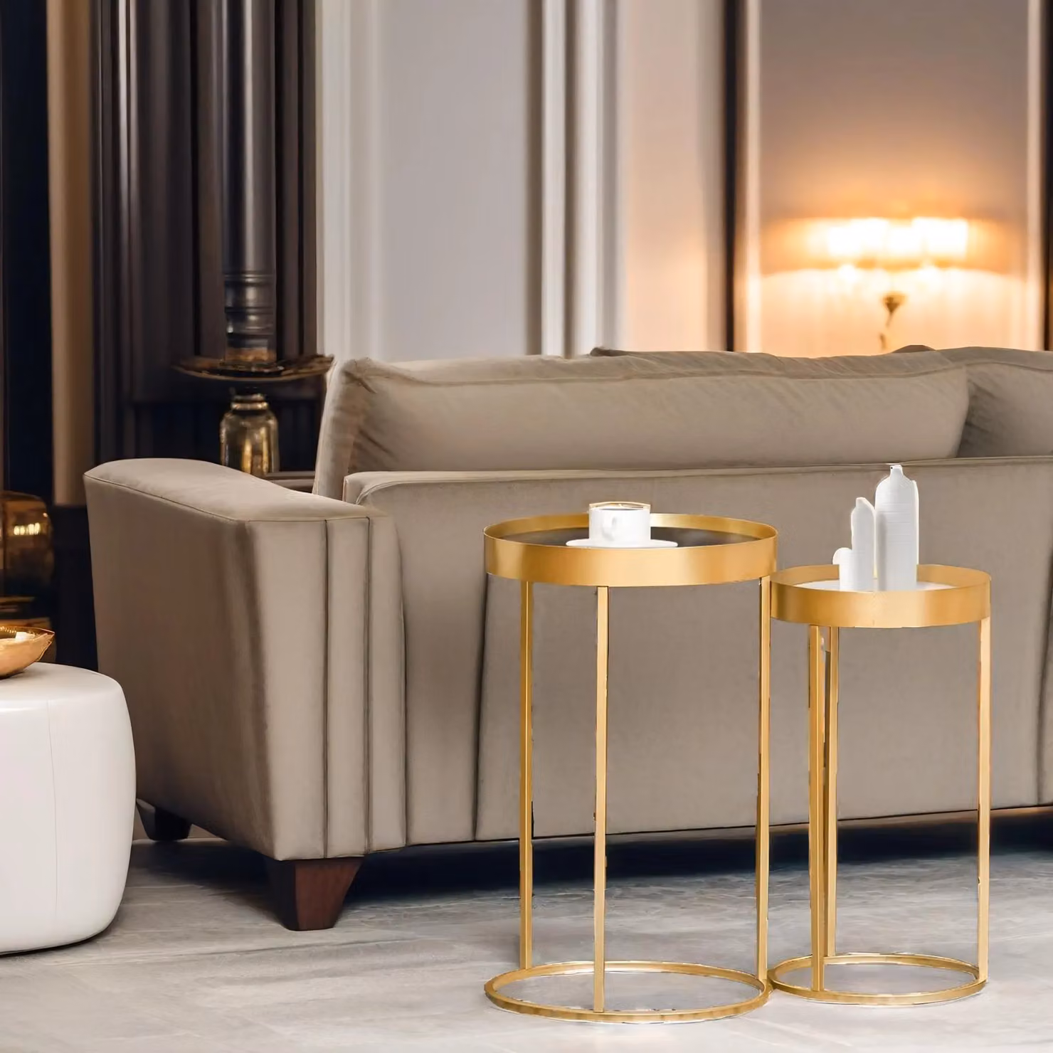 Pirlo Plush Set of 2 Round Nesting Tables with Gold Metal Frame – 3