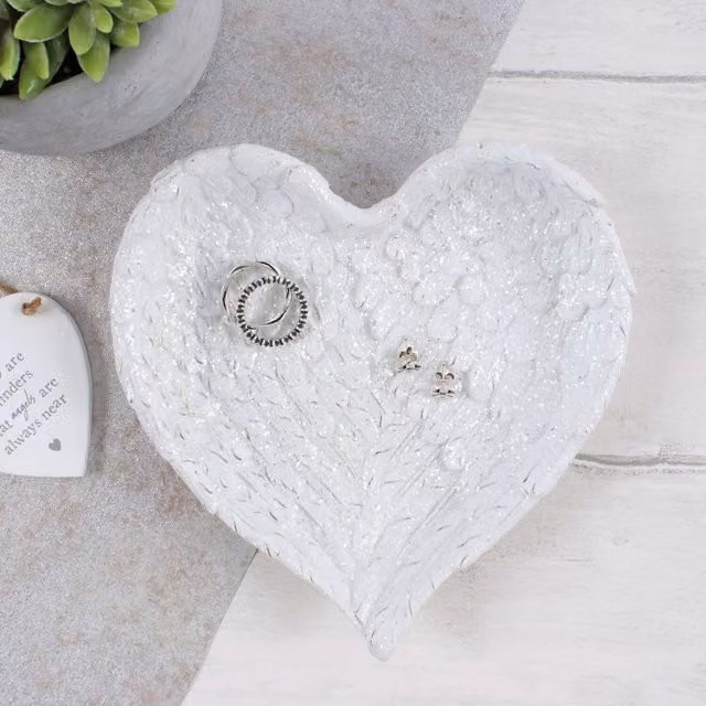 Kingsbury Gifts White Ceramic Heart Shape Angel Wing Trinket Dish Bowl