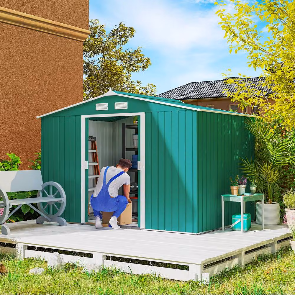 Rolipo Green Metal Garden Shed with Foundation Kit and Double Doors, W: 274.32 cm, D: 182.88 cm, H: 183.0 cm – 3