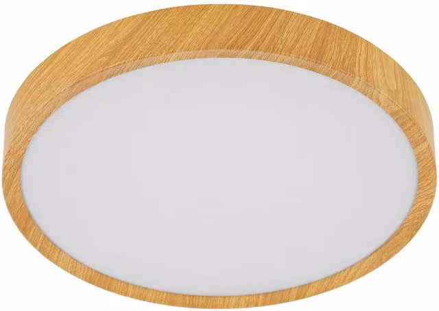 Loops LED Flush Ceiling Light with White Plastic and Natural Wood Look Shade