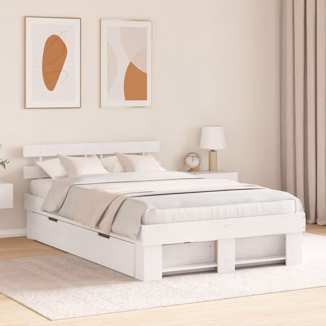 Berkfield Home White Solid Pine Wood Bed Frame with Drawers, W: 135 cm, L: 190 cm