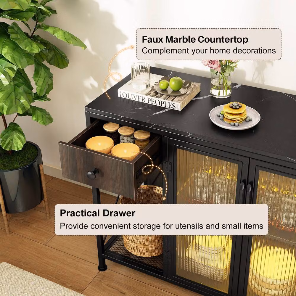 Gymax Black Buffet Sideboard with Integrated LED Lighting and Power Outlets – 5