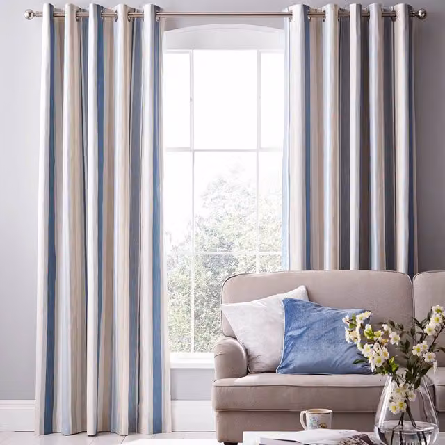 Laura Ashley Awning Stripe Eyelet Blackout Curtains in Seaspray Blue