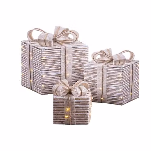 The Christmas Workshop Light-Up Gift Boxes, Set of 3, White and Beige with Warm White LED Lights and Timer Function, Battery Powered, W/D/H: 22.0 x 20.0 x 20.0 cm – 1