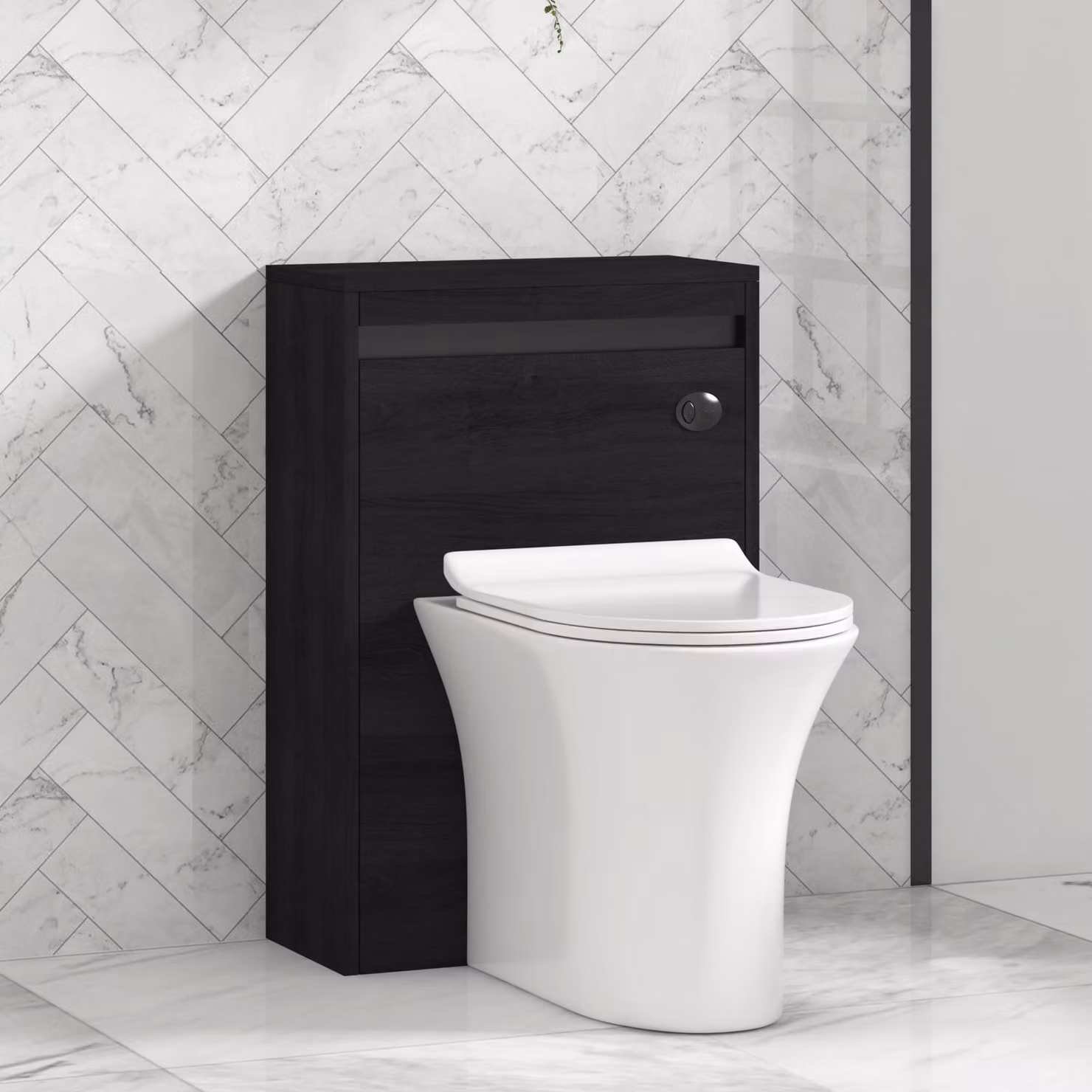 Orion Hale Black BTW Wall Mounted WC Unit with Breeze Rimless Ceramic Toilet Pan, Slim Soft Close Seat and Cistern, Black and White
