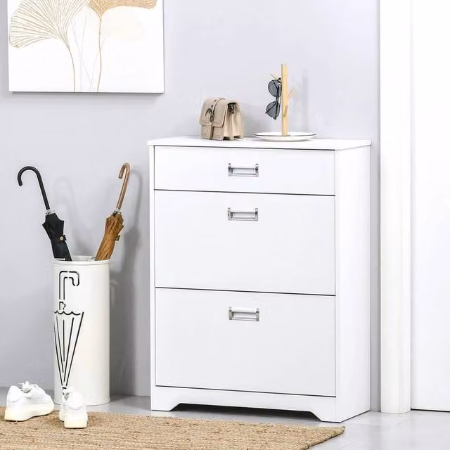PAWNORA Modern White Tipping Shoe Cabinet Hallway Organiser W: 100 cm, D: 15 cm, H: 2 cm
