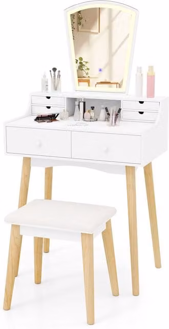 Gymax Mirror Dressing Table and Chair Set with Hollywood LED Lights and 6 Drawers in White