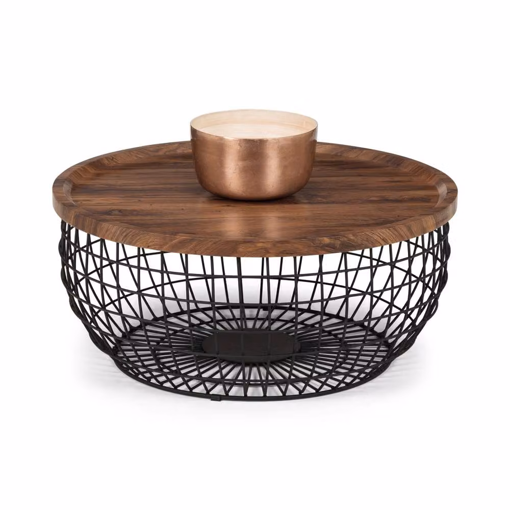 Cheshire Hadley Industrial Round Storage Coffee Table in Walnut and Black with Lift Mechanism – 2