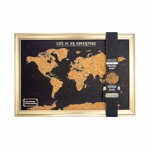 Splosh Framed World Travel Map with Pins, Black Cork Pin Board with Gold Frame, W: 55 cm, H: 37 cm – 1