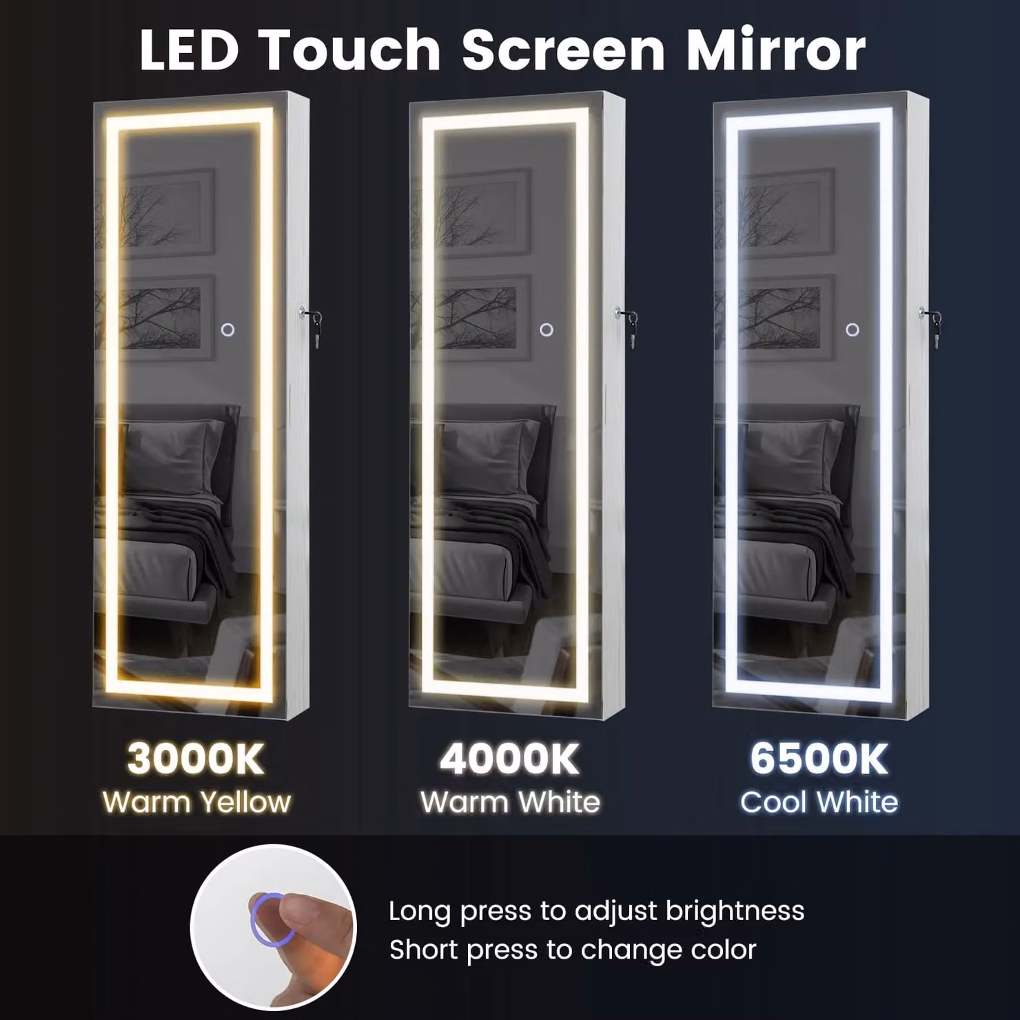 Costway Lockable Jewelry Mirror Cabinet with 3-Colour LED Lighting, White – 2
