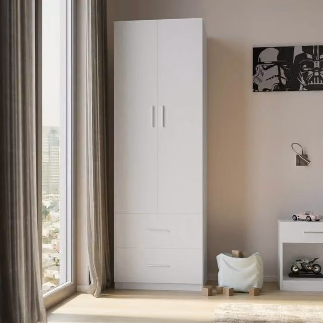 Kelvenix Compact White Wooden Wardrobe with 2 Doors and 2 Drawers, H 180 x W 60 x D 46.5 cm – 1