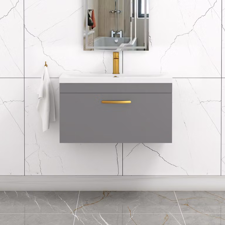 Royal Bathrooms Turin 800mm Wall Hung Vanity Sink Unit with 1 Drawer in Indigo Grey Gloss and Brushed Brass Handle