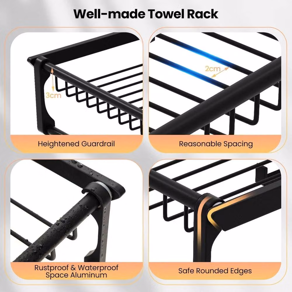 VOGREX Wall Mounted Folding Towel Rack with Shelf and Hooks in Black Aluminium – 3