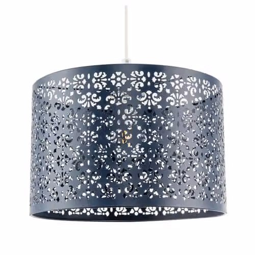 Happy Homewares Moroccan Blue Metal Circular Pendant Light Shade with Floral Decoration, Diameter: 29 cm – 1