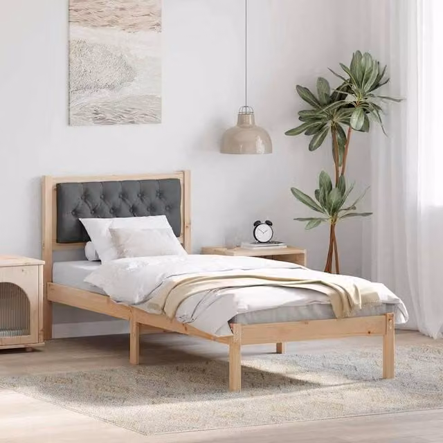 Berkfield Home Bed Frame with Headboard in Dark Grey Fabric and Brown Solid Pine Wood, W/D/H: 90 x 190 cm