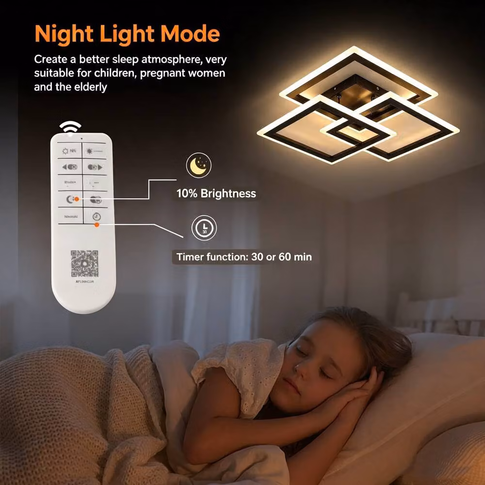 COMELY Modern Square Dimmable LED Ceiling Light, 40W Black Metal Design with Remote Control and Timer – 4