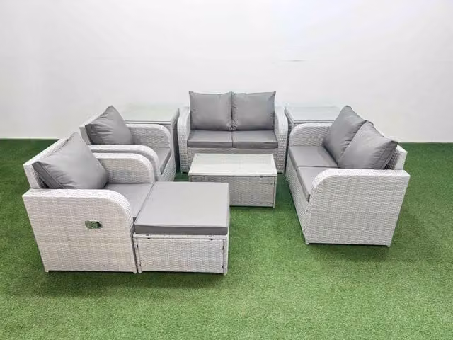 Fimous 7 Seater Rattan Garden Furniture Set with Reclining Love Sofa, Coffee Table, Footstool and 2 Side Tables in Light Grey
