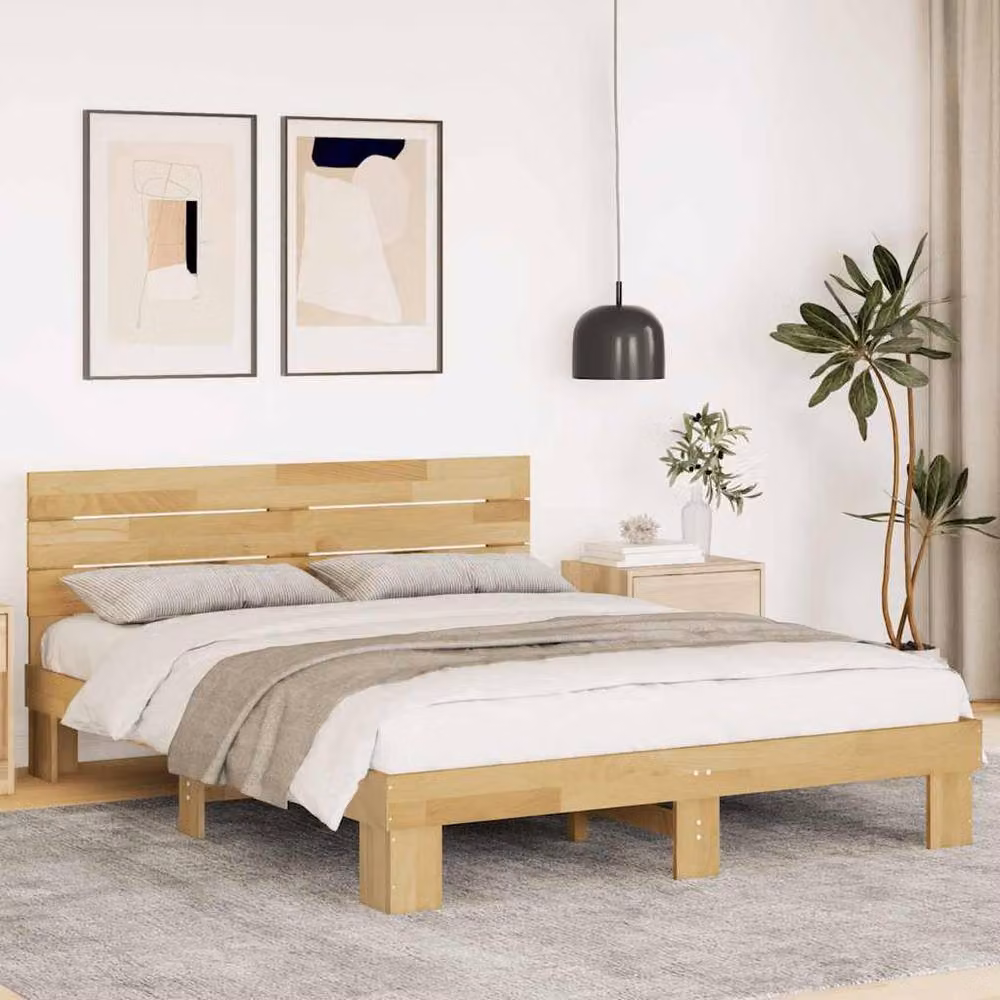 Berkfield Home Beautiful Bed Frame with Headboard in Light Oak, W/D/H: 140 x 190 x 79 cm – 2