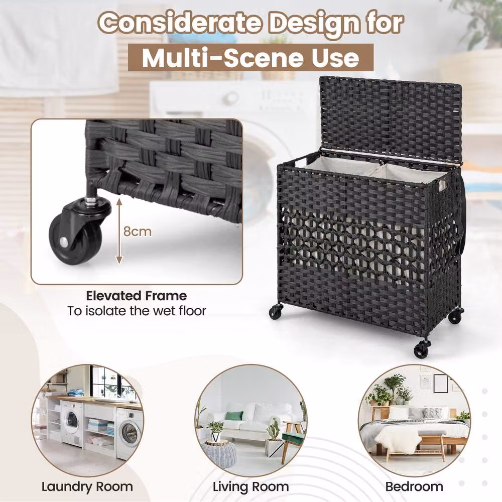 Costway 110L 2-Section Laundry Hamper with Lid and Wheels in Black – 4