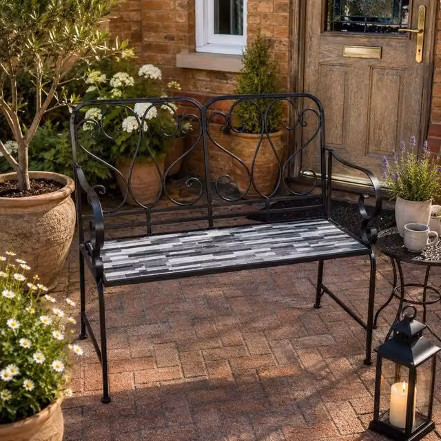 Shatchi Cascade Mosaic 2 Seater Garden Bench in Multicolour Metal and Ceramic Tile, W: 112 cm, H: 96 cm, D: 47 cm – 1
