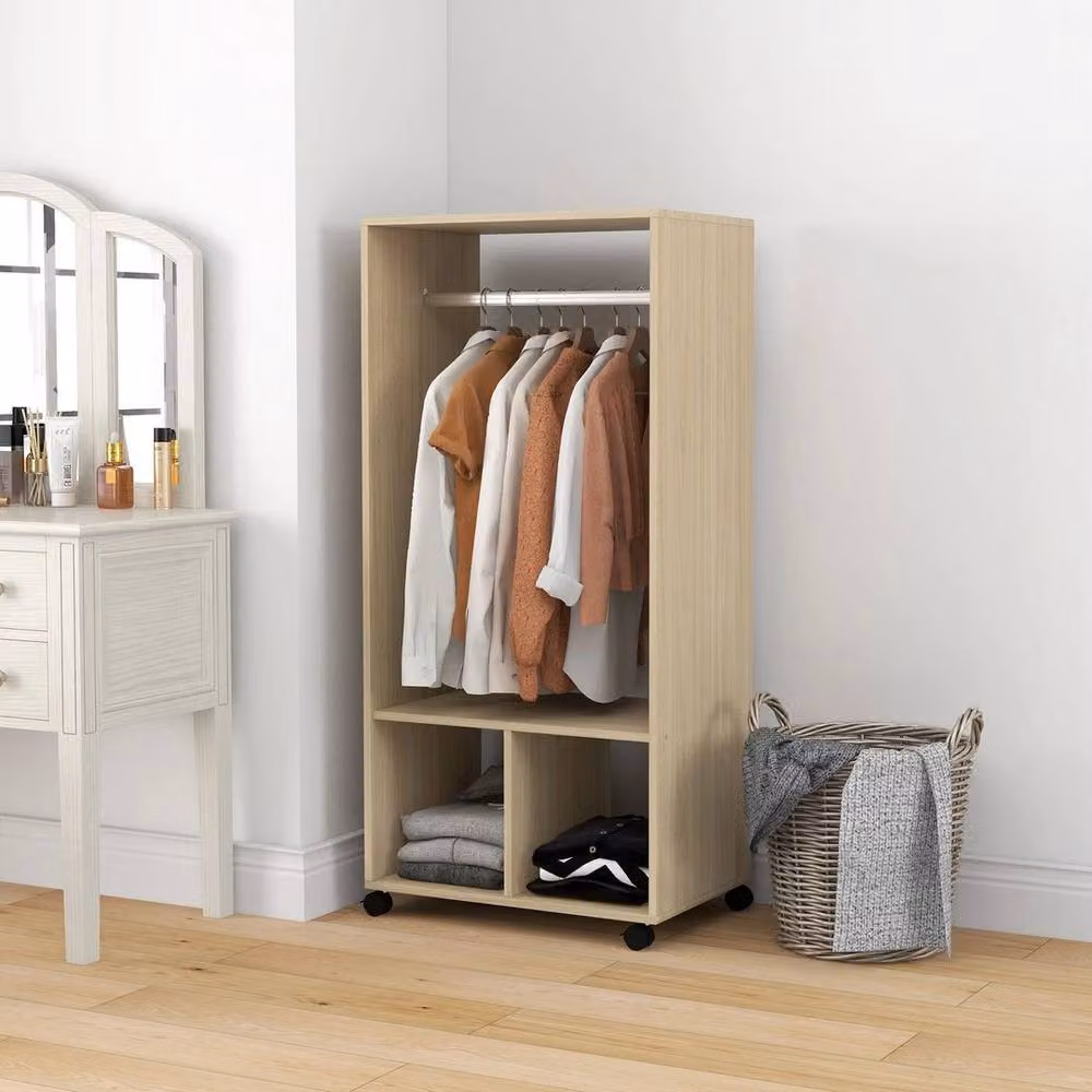 NESTLUNE Open Wardrobe Clothes Rail with Storage Shelves in Light Oak, W: 100 cm, D: 15 cm, H: 128 cm – 5
