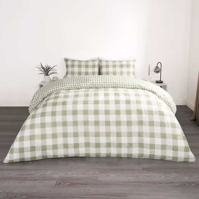 OHS Green Checked Country House Duvet Cover and Pillowcase Set, W: 140 cm, L: 200 cm