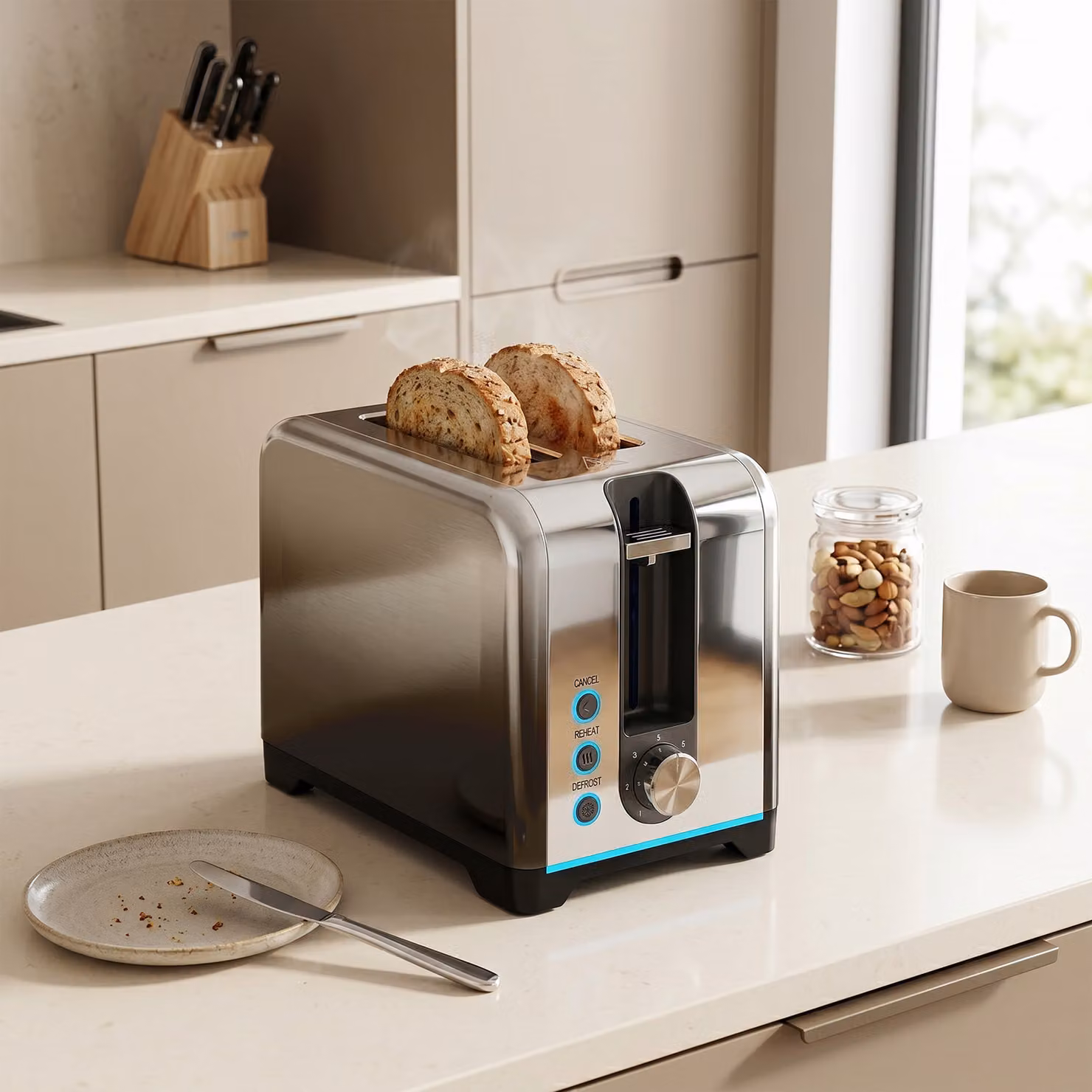 HOMCOM 2 Slice Stainless Steel Toaster in Silver with 7 Browning Levels, Reheat, Defrost and Cancel Functions – 2