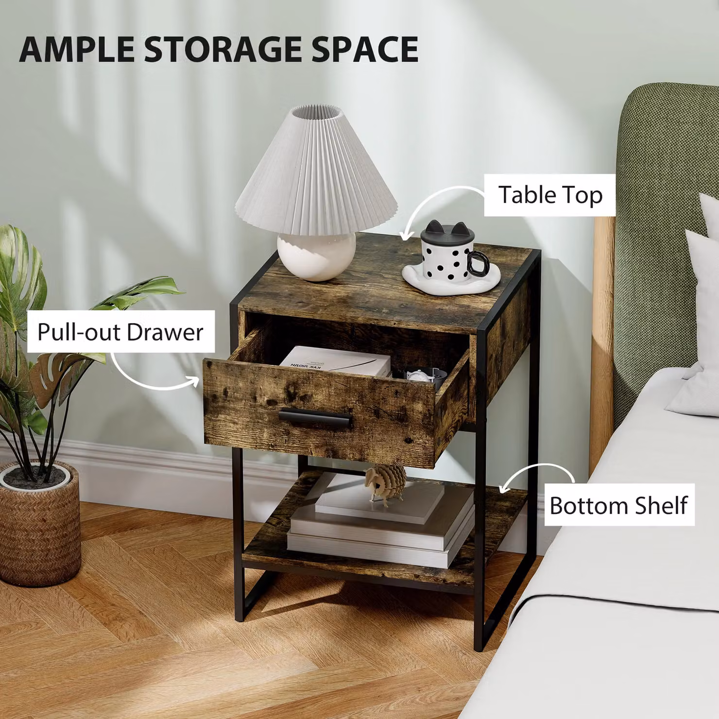 HOMCOM Modern Bedside Table with Drawer and Open Shelf, Brown and Black Metal Frame – 5