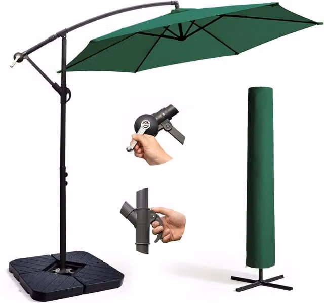 Keplin Green Cantilever Garden Parasol with Cover and 4pc Fillable Base Set