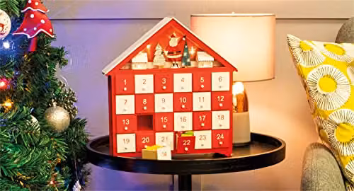 St Helens Home & Garden Wooden Advent Calendar with 24 Drawers and Lights in Red and White