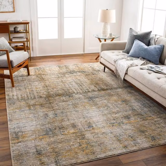 Livabliss Naila Abstract Marble Fringe Living and Dining Room Rug in Beige, Blue and Yellow, W: 200 cm, D: 290 cm – 1